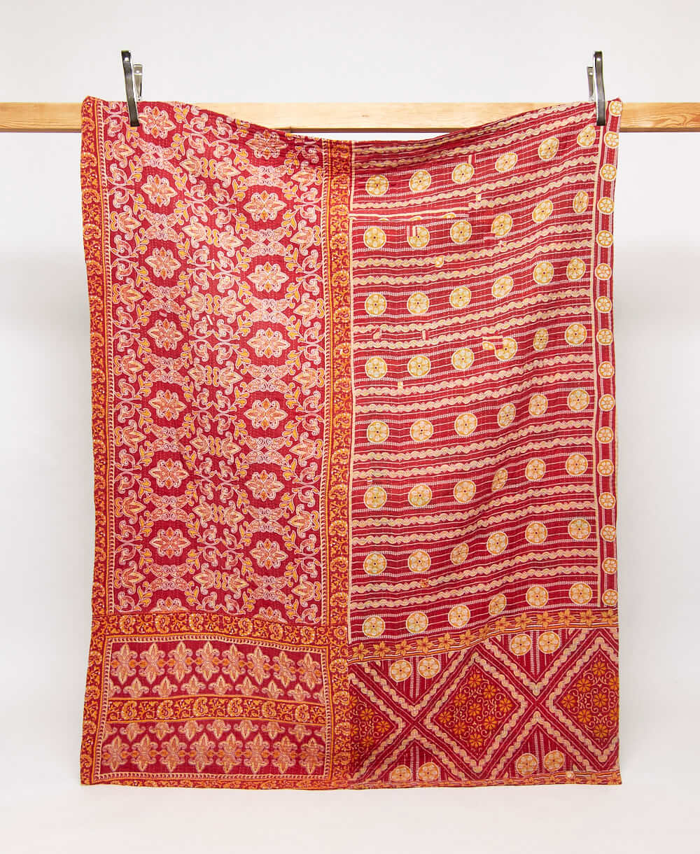 cherry red twin kantha quilt in bold medallion pattern handmade in India