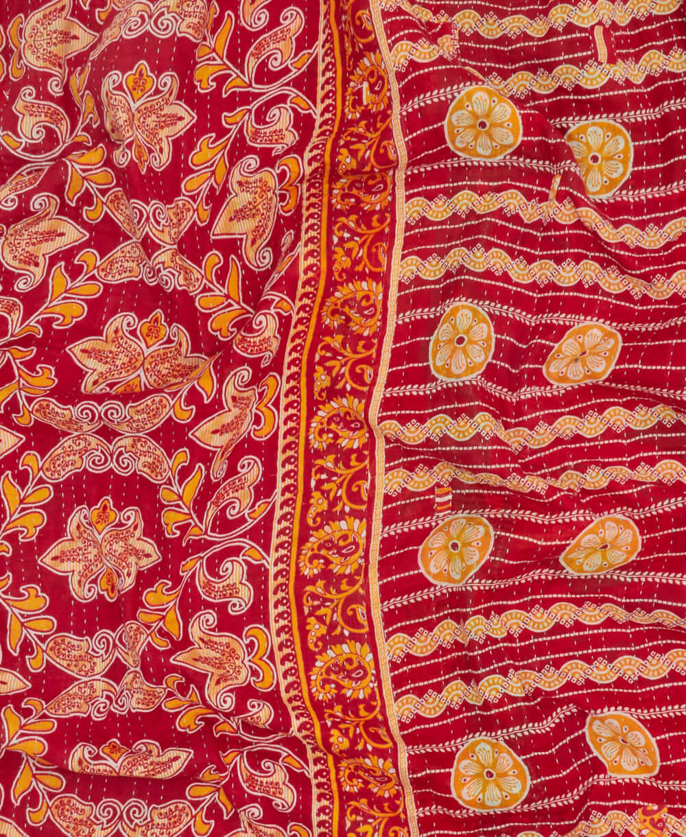 soft twin kantha blanket in cherry red medallion print made from upcycled vintage cotton saris