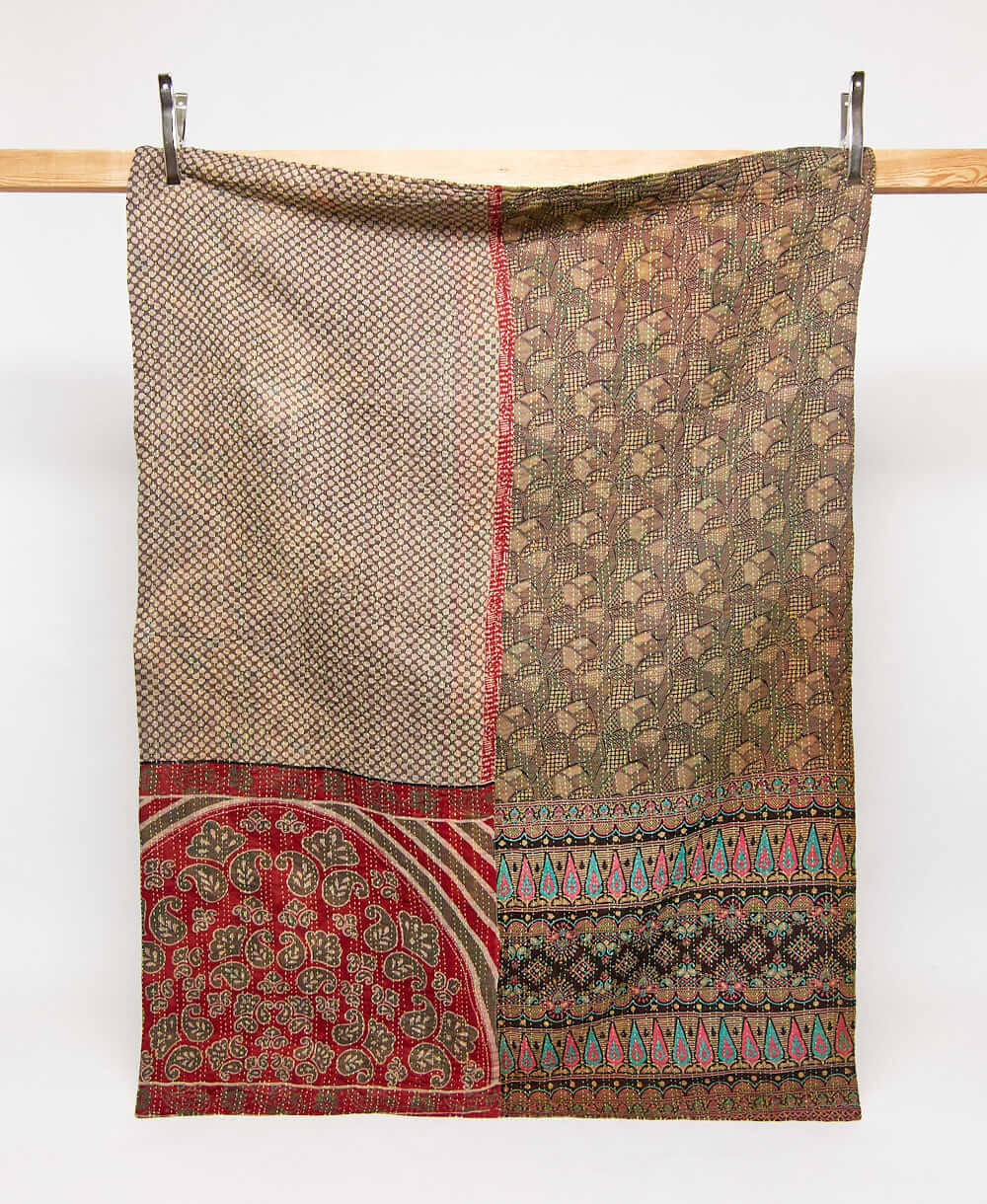 brown & red twin kantha quilt in bold geometric pattern handmade in India