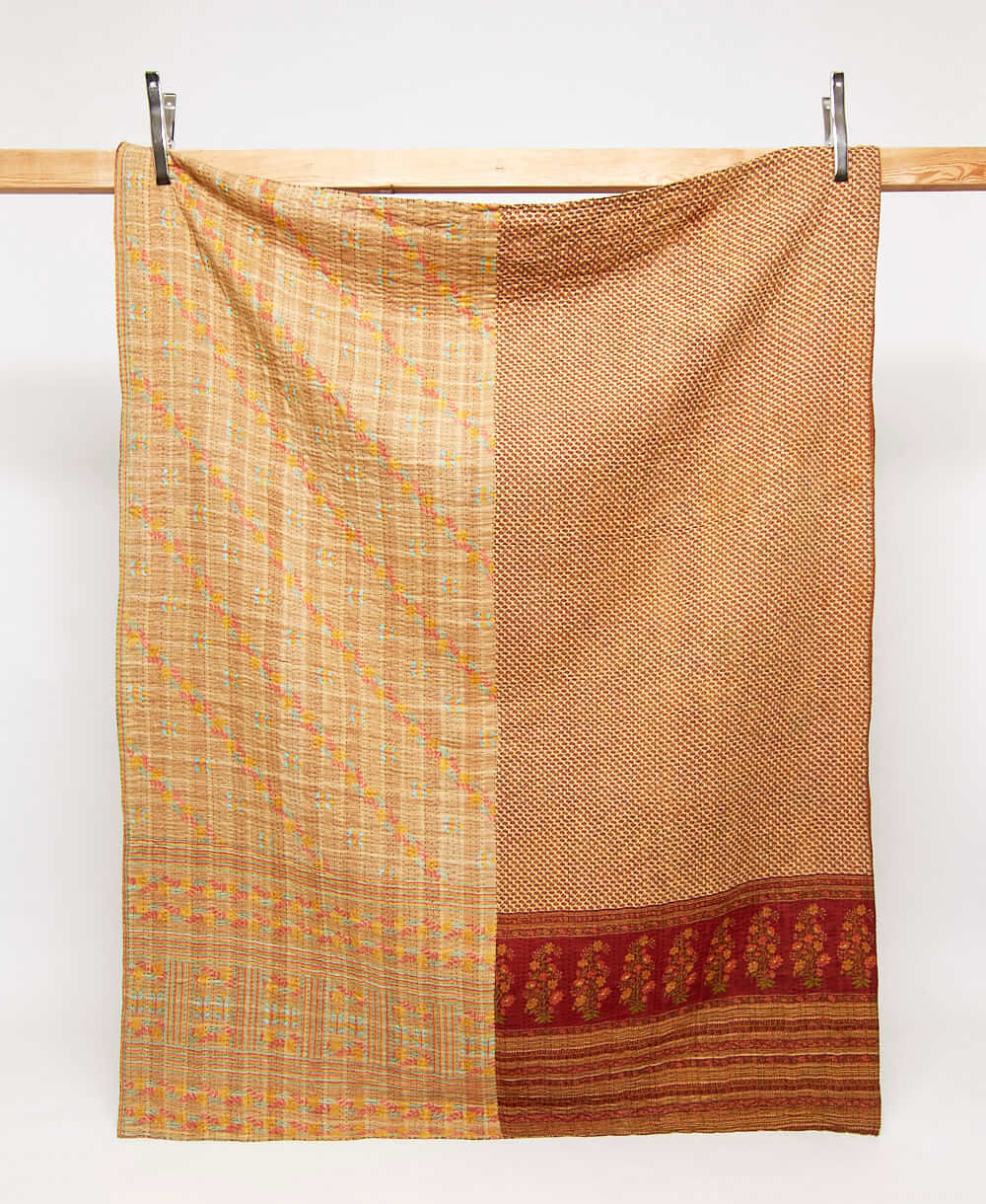 tan & pink twin kantha quilt in subtle floral pattern handmade in India