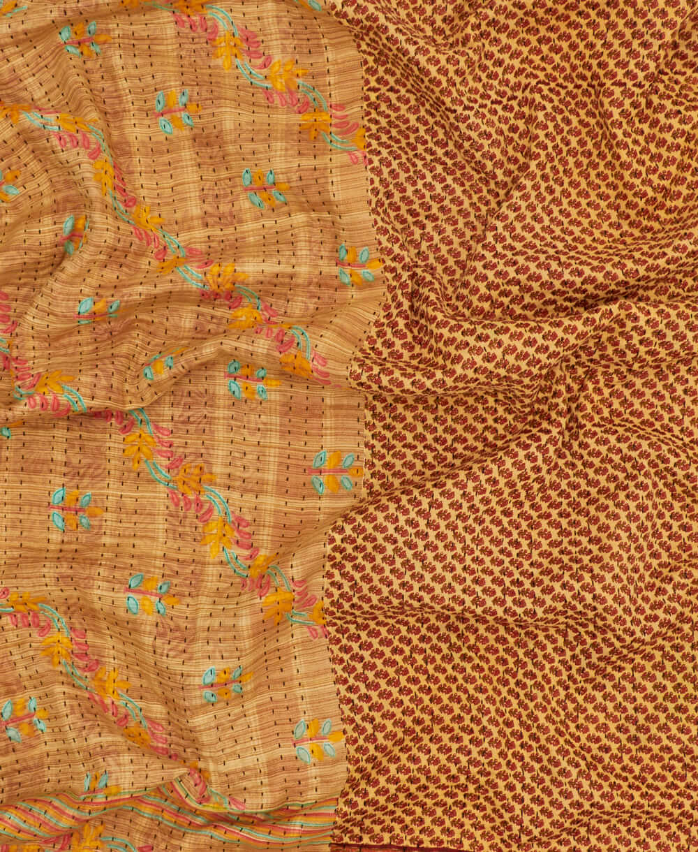 soft twin kantha blanket in tan, pink & blue floral print made from upcycled vintage cotton saris