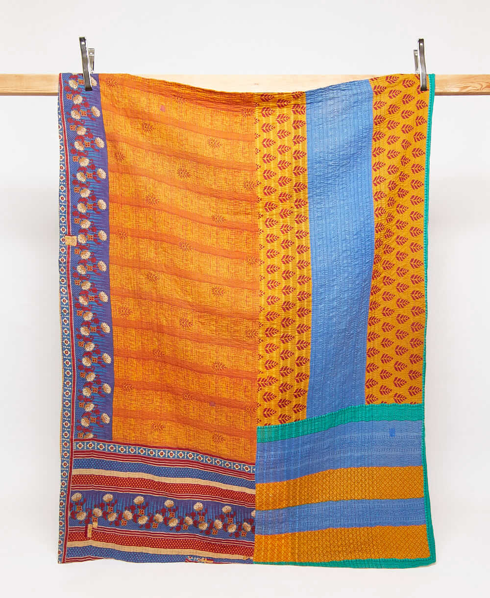 bright orange & cerulean twin kantha quilt in bold stripe pattern handmade in India