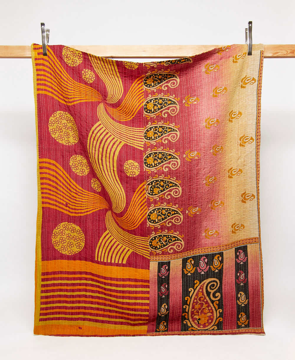 red & yellow twin kantha quilt in bold oversized paisley pattern handmade in India