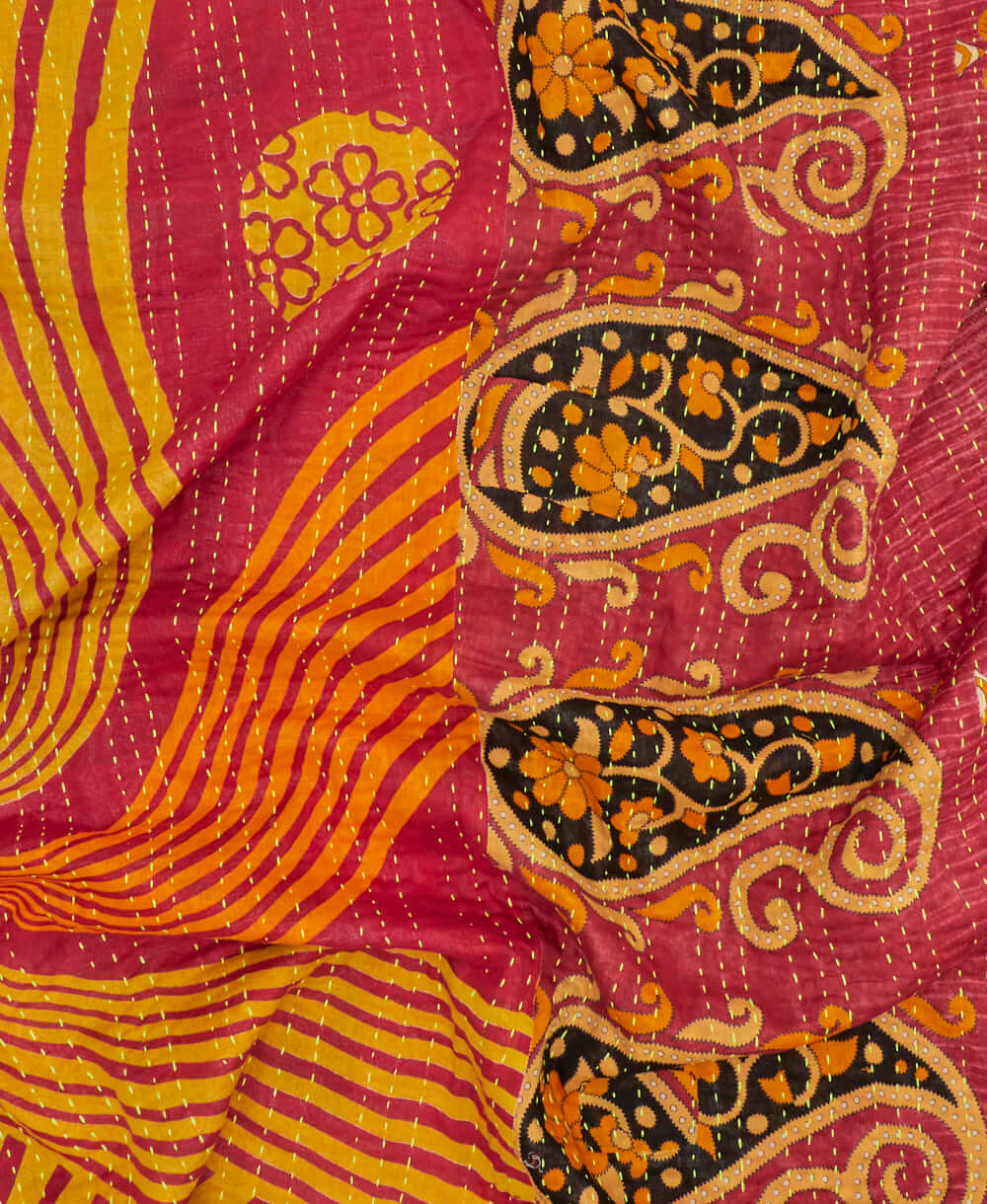 sustainable kantha quilt in twin size with a red & yellow oversized paisley pattern