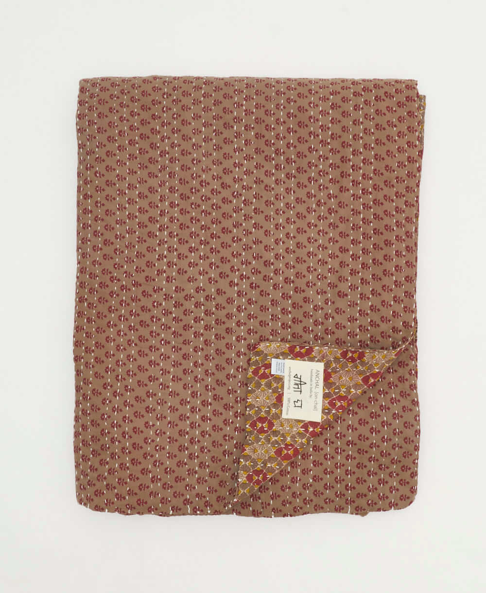 maroon & brown subtle geometric quilted throw in twin size handmade in India by Anchal artisans