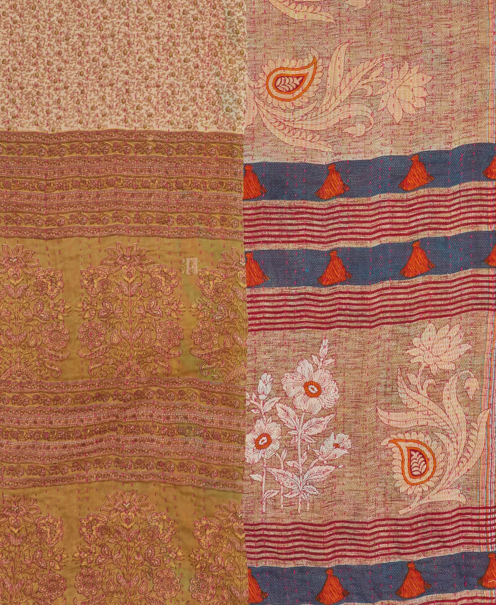 sustainable kantha quilt in twin size with a light tan & pink floral pattern