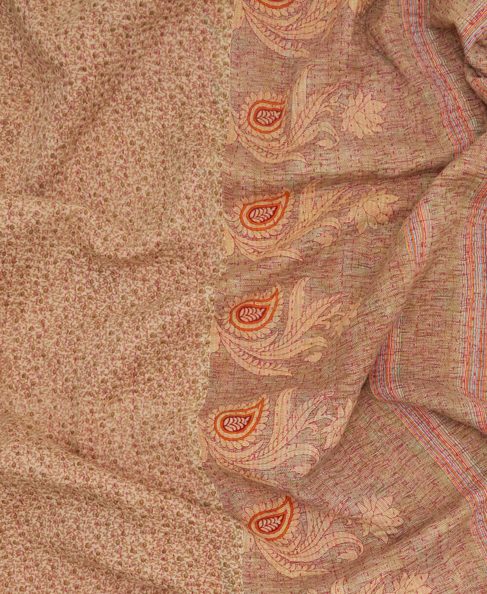 soft twin kantha blanket in light tan and pink floral print made from upcycled vintage cotton saris