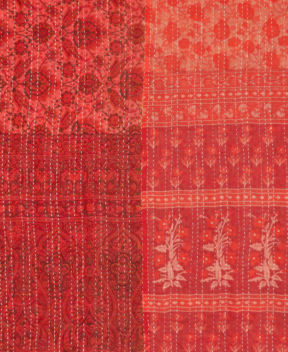 sustainable kantha quilt in twin size with a coral & red floral pattern by Anchal