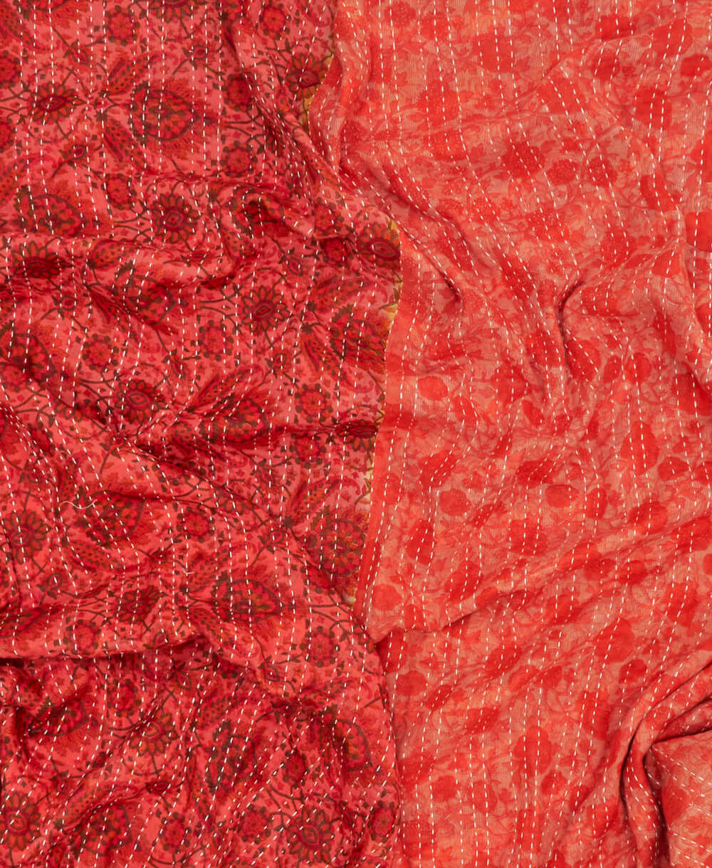 soft twin kantha blanket in coral and red floral print made from upcycled vintage cotton saris