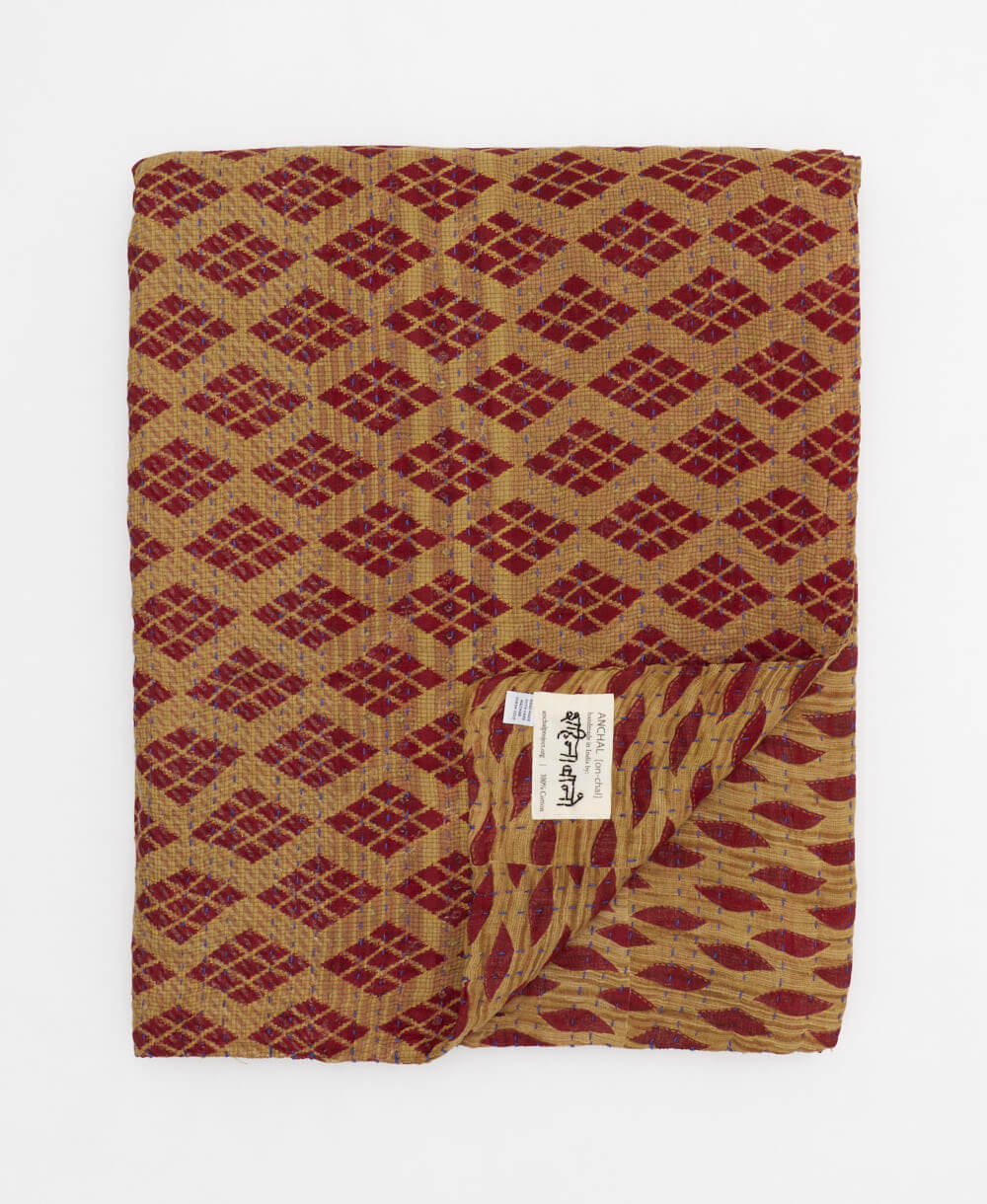 tan & maroon diamond quilted throw in twin size handmade in India by Anchal artisans