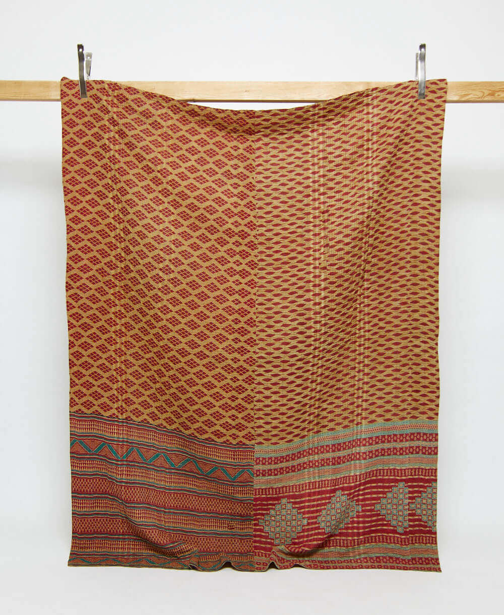 tan & maroon twin kantha quilt in bold diamond pattern handmade in India