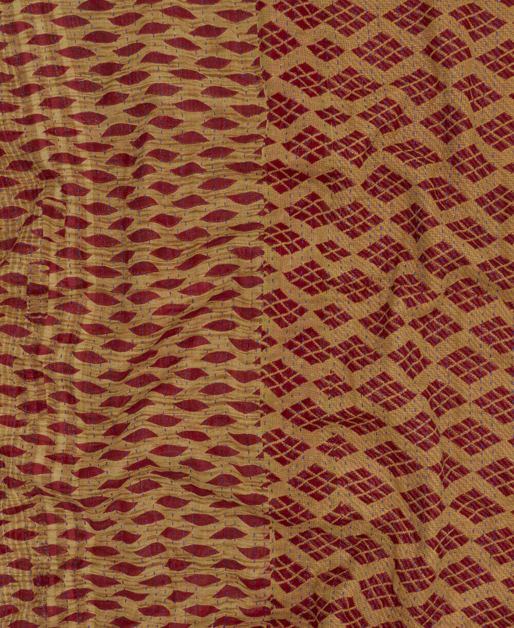 ethically made tan & maroon diamond twin kantha quilt made from vintage cotton saris in India