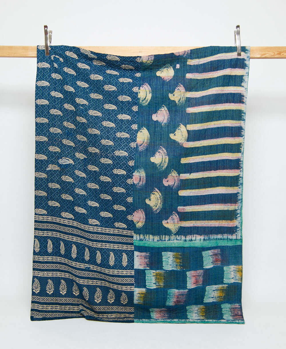 midnight blue twin kantha quilt in bold watercolor pattern handmade in India