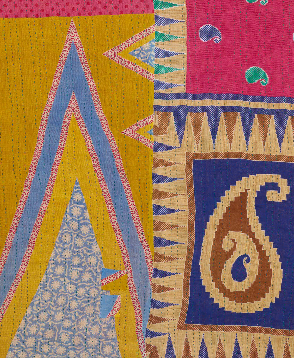 ethically made hot pink & sunshine yellow oversized paisley twin kantha quilt made from vintage cotton saris in India