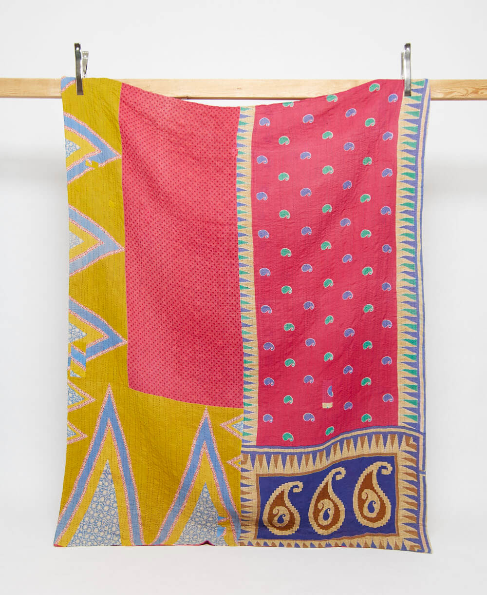 hot pink & sunshine yellow twin kantha quilt in an oversized paisley pattern handmade in India