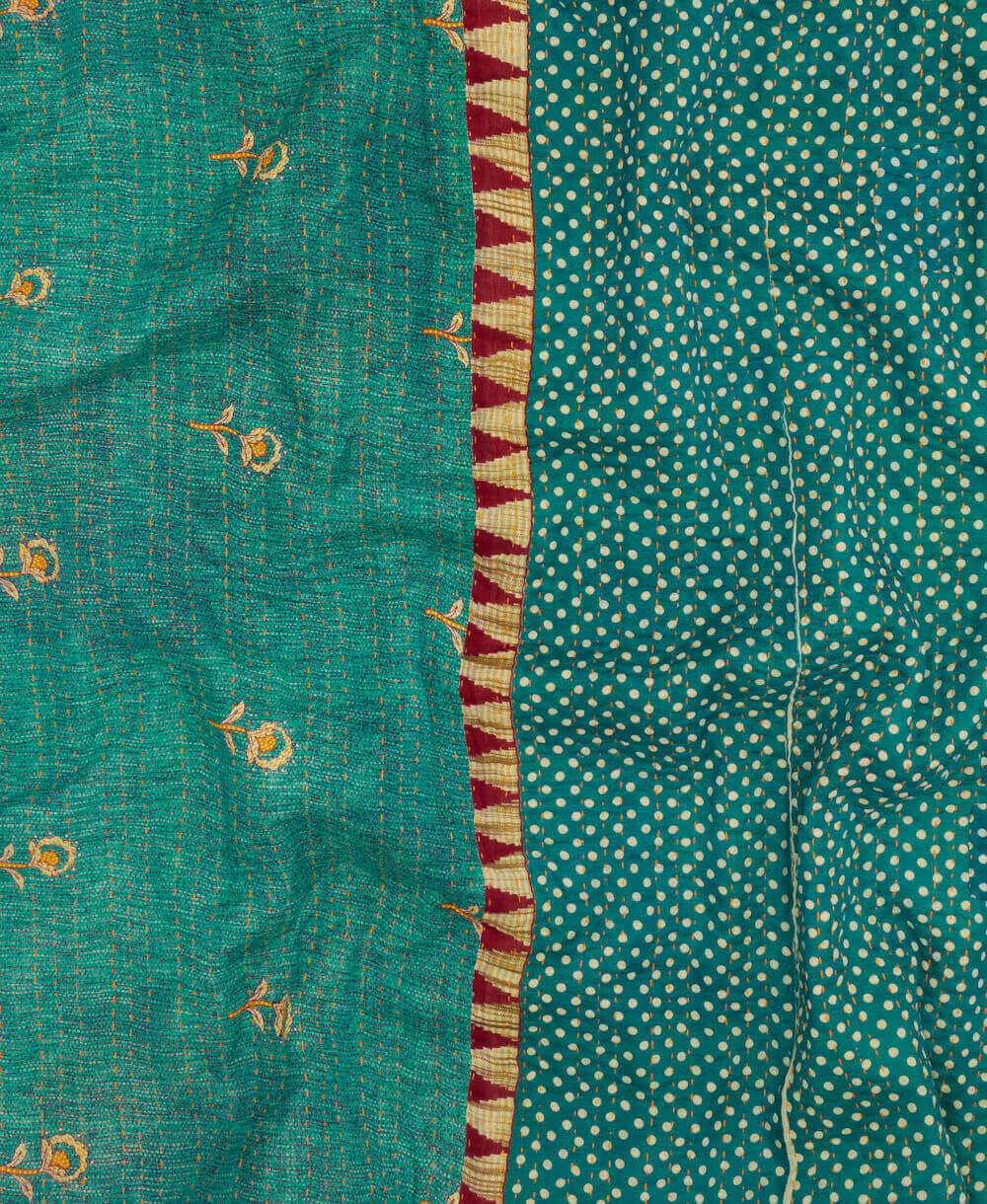 ethically made persian green floral twin kantha quilt made from vintage cotton saris in India