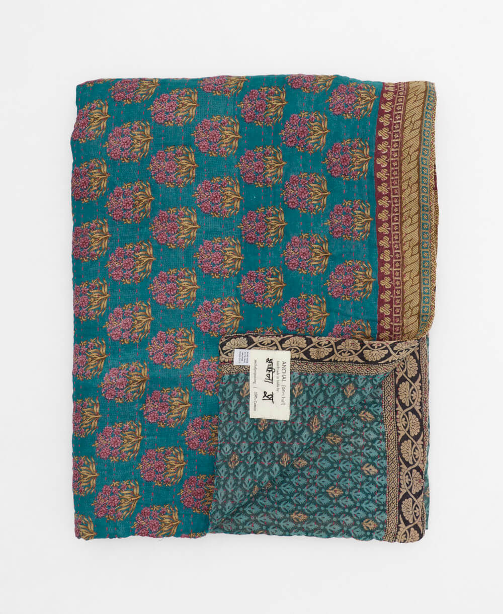 soft twin kantha blanket in aegean blue & magenta floral pattern made from upcycled vintage cotton saris