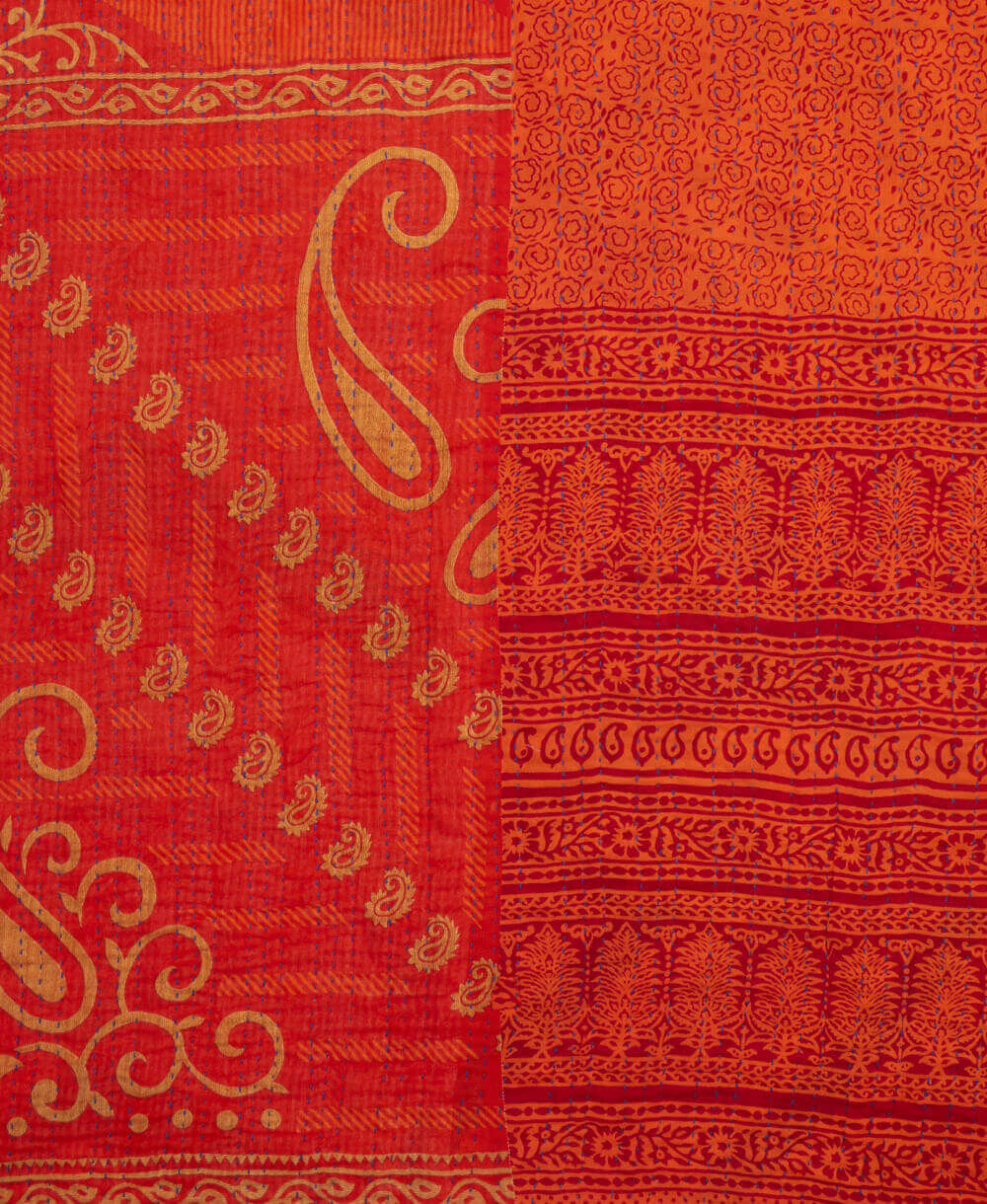 ethically made vermillion orange floral twin kantha quilt made from vintage cotton saris in India