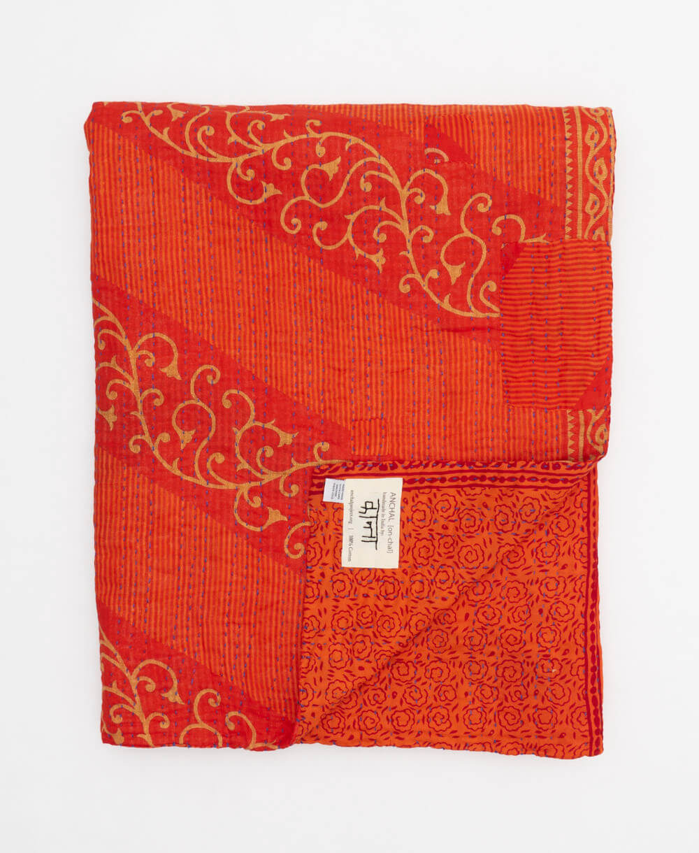 vermillion orange floral quilted throw in twin size handmade in India by Anchal artisans