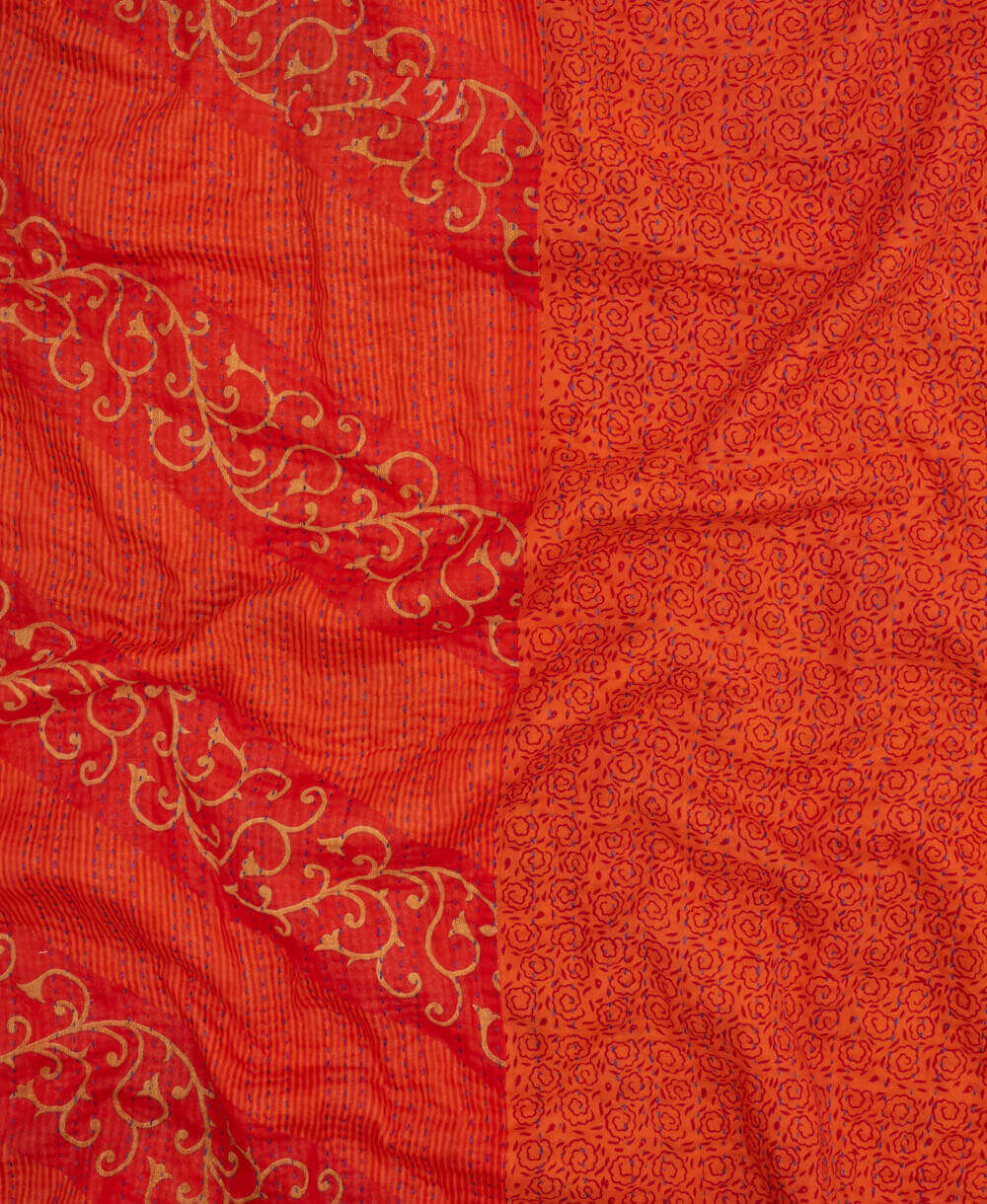 soft twin kantha blanket in vermillion orange floral pattern made from upcycled vintage cotton saris