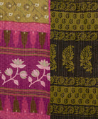 ethically made olive & hot pink floral twin kantha quilt made from vintage cotton saris in India