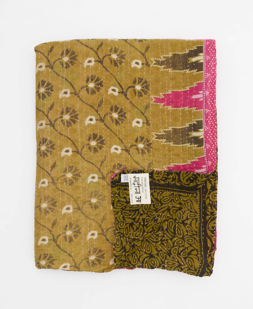 olive & hot pink floral quilted throw in twin size handmade in India by Anchal artisans