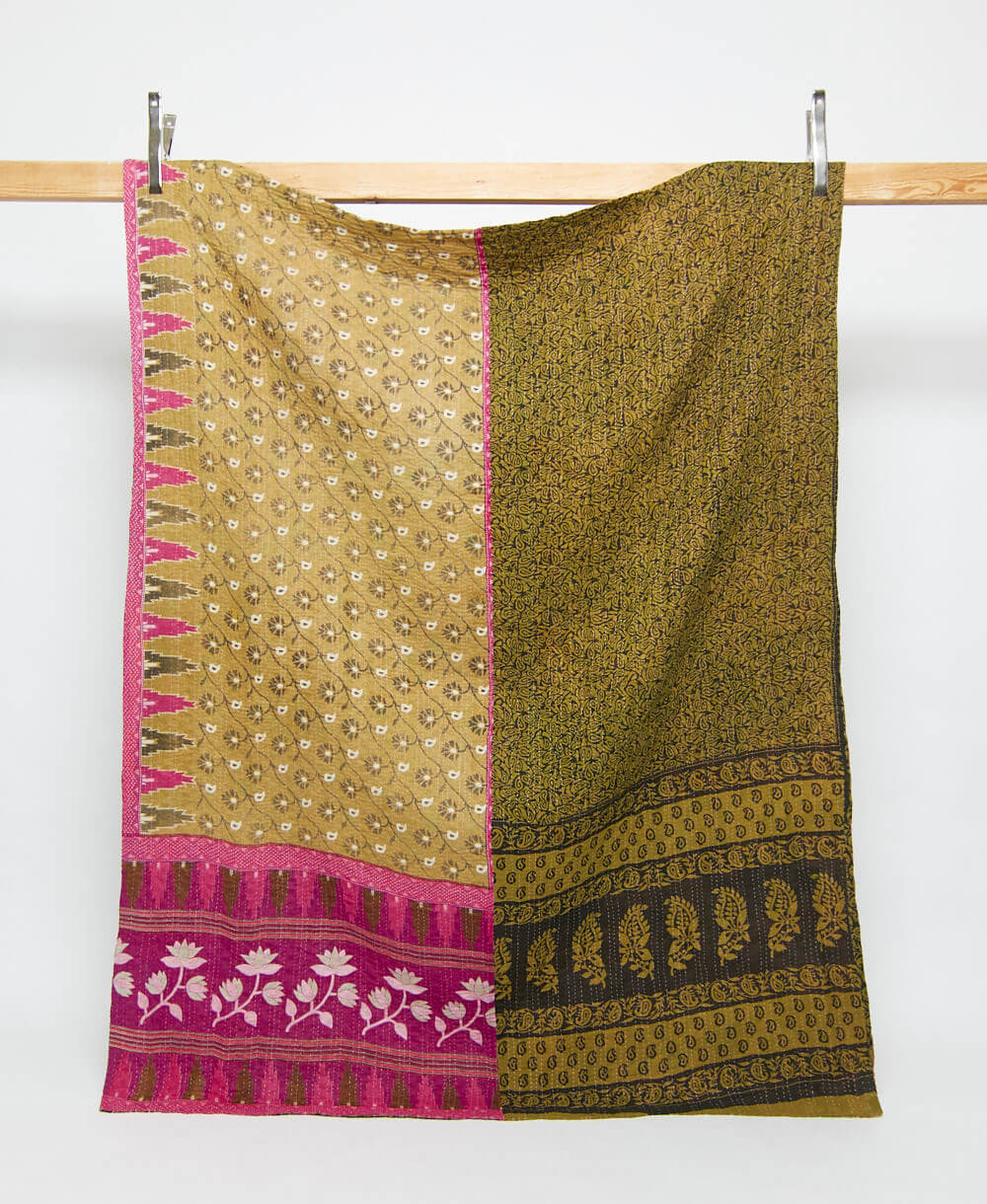 olive green twin kantha quilt in a hot pink floral pattern handmade in India