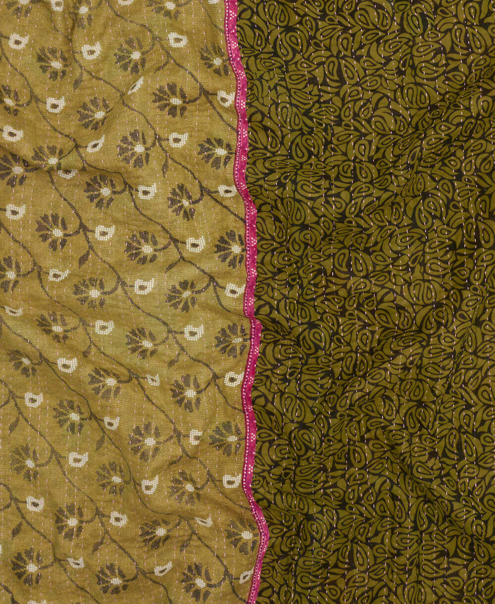 soft twin kantha blanket in olive & pink floral pattern made from upcycled vintage cotton saris