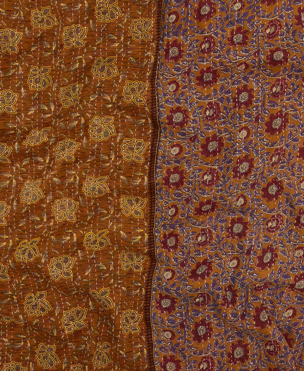 soft twin kantha blanket in camel & mustard floral pattern made from upcycled vintage cotton saris