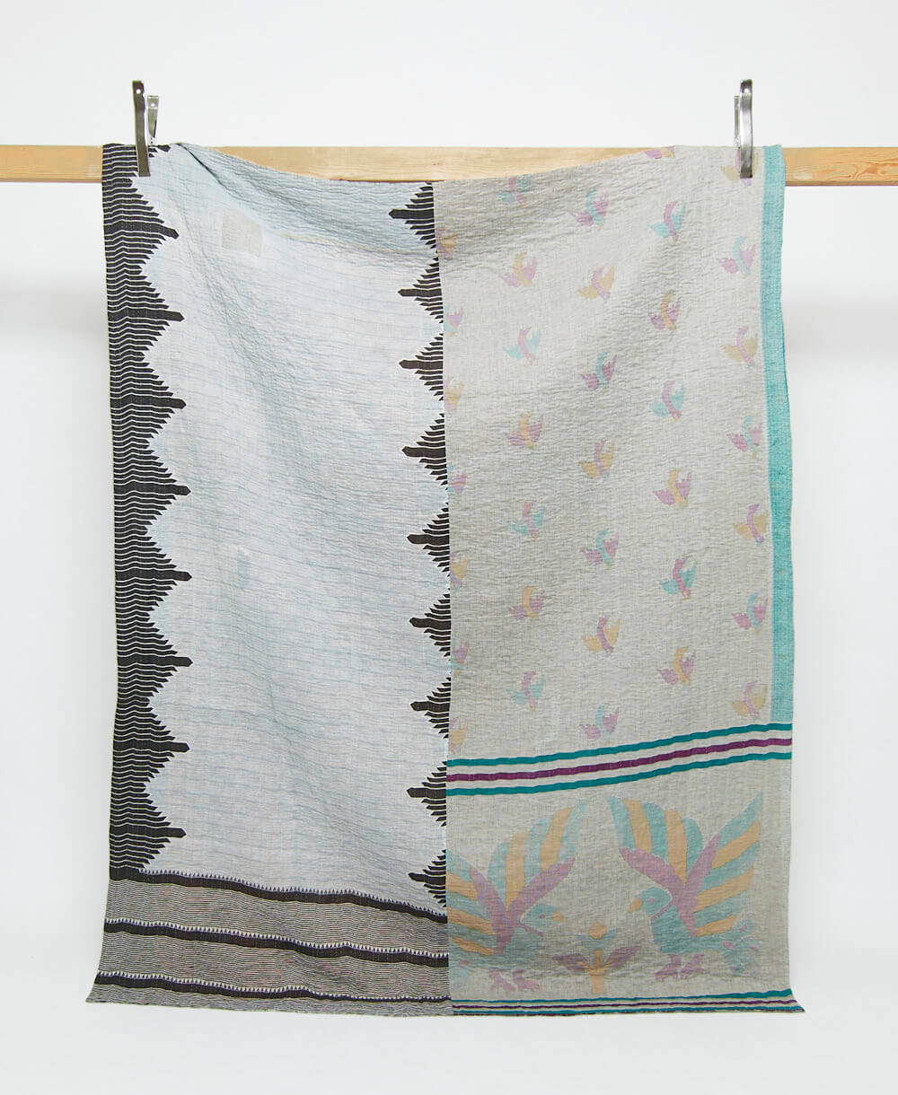 grey twin kantha quilt in a novelty bird pattern handmade in India