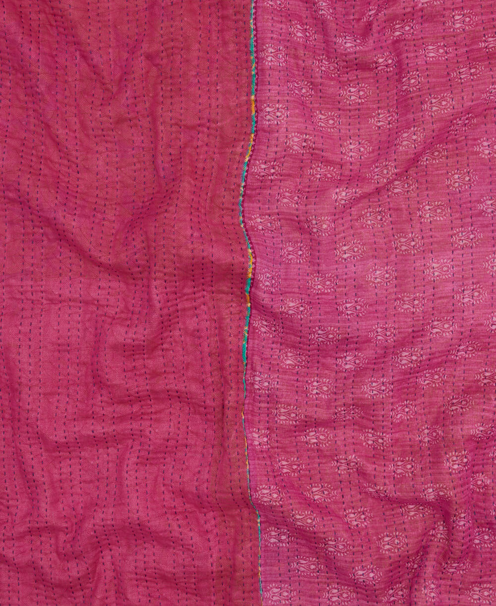 soft twin kantha blanket in hot pink & kelly green medallion pattern made from upcycled vintage cotton saris