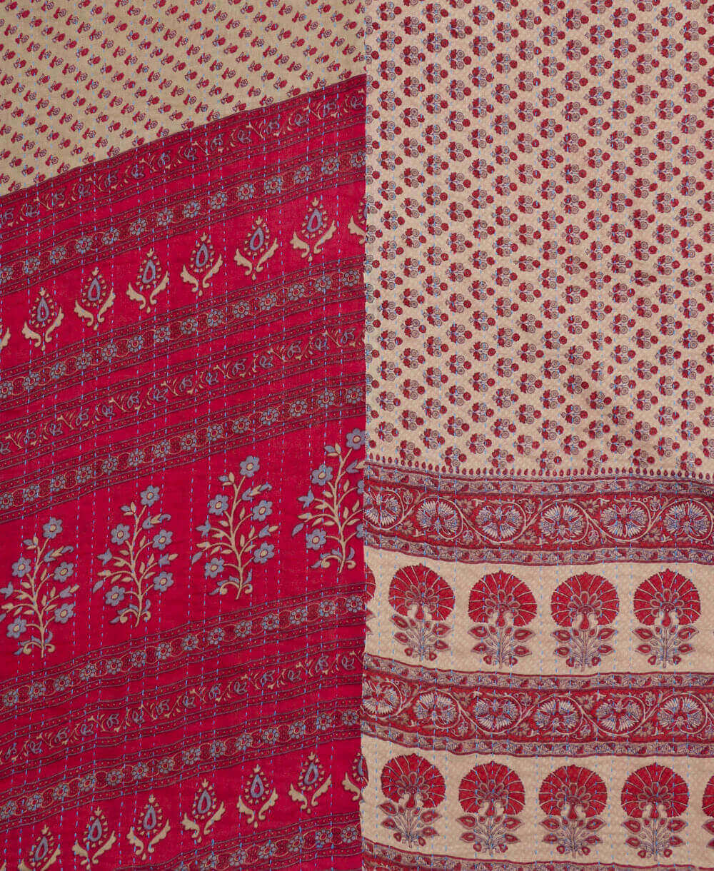 ethically made pink & red ditsy floral print twin kantha quilt made from vintage cotton saris in India