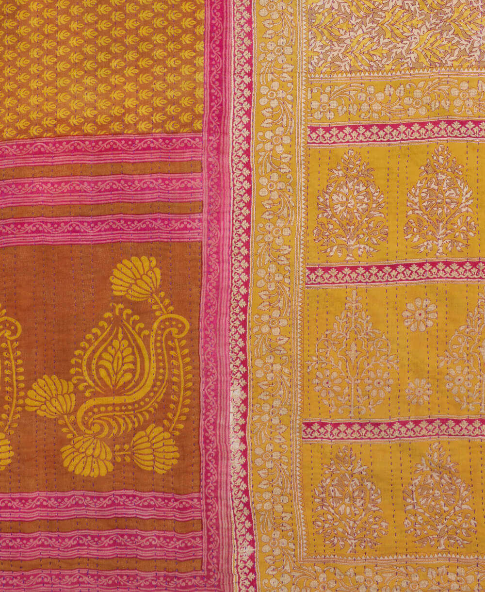 ethically made sunshine yellow botanical leaf print twin kantha quilt made from vintage cotton saris in India