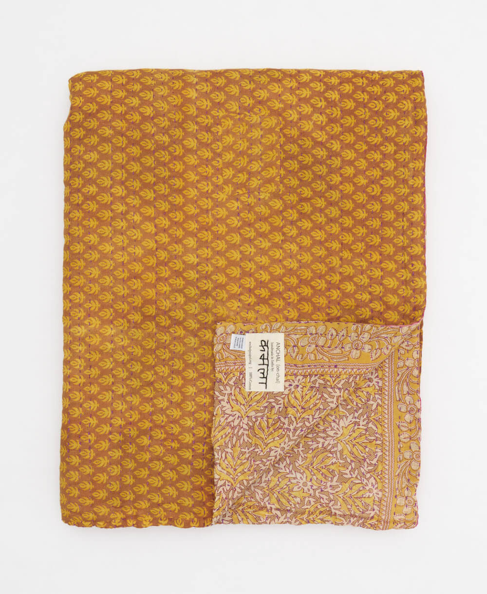 sunshine yellow botanical leaf quilted throw in twin size handmade in India by Anchal artisans