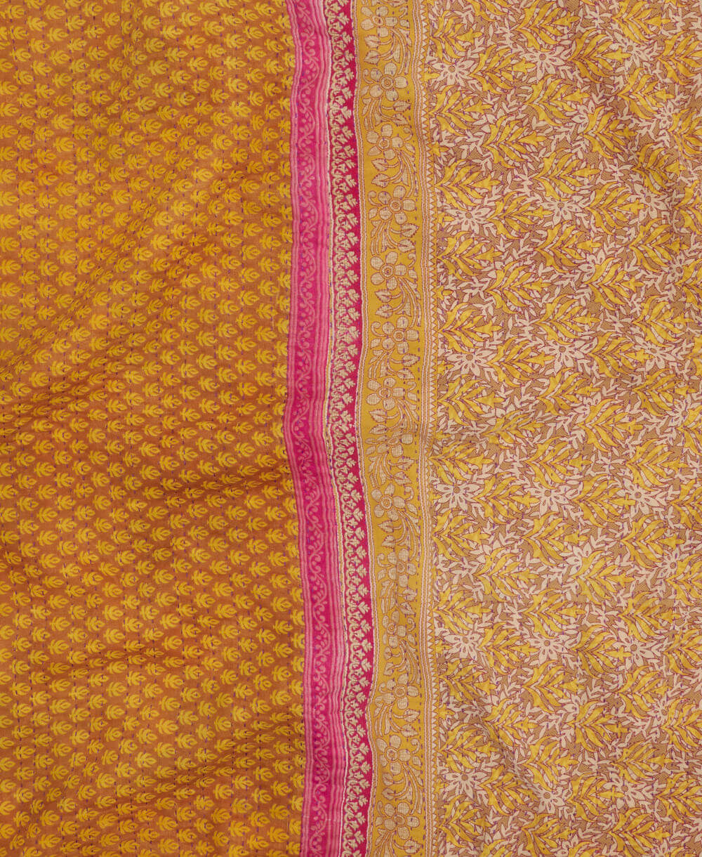 soft twin kantha blanket in sunshine yellow botanical leaf pattern made from upcycled vintage cotton saris