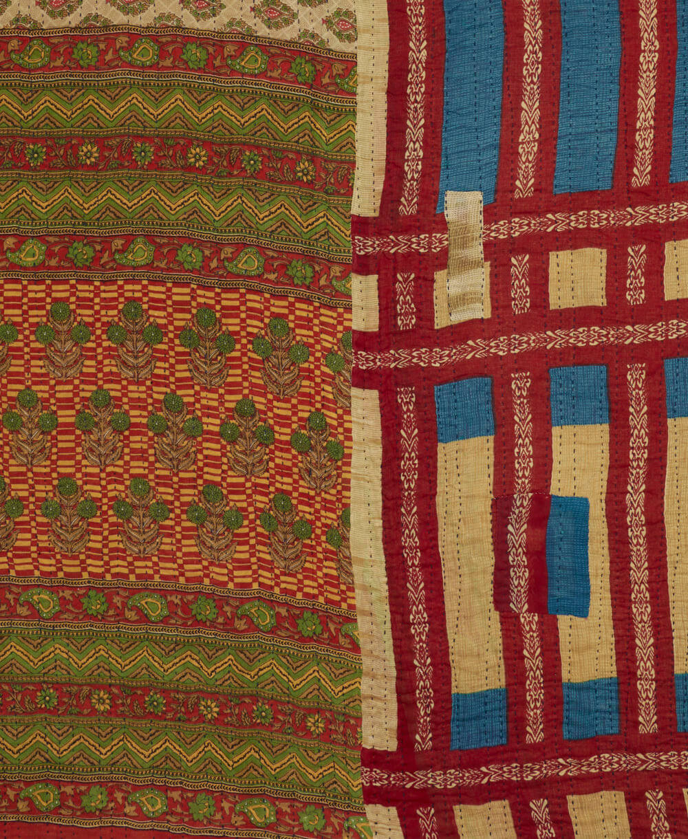 ethically made tan & royal blue stripe print twin kantha quilt made from vintage cotton saris in India