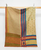 tan twin kantha quilt in royal blue stripe pattern handmade in India