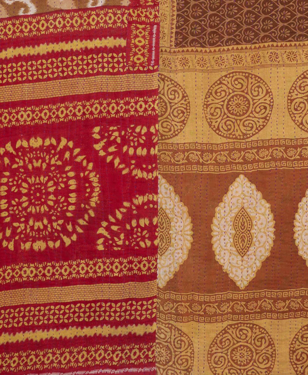 ethically made brown & tan leaf print twin kantha quilt made from vintage cotton saris in India