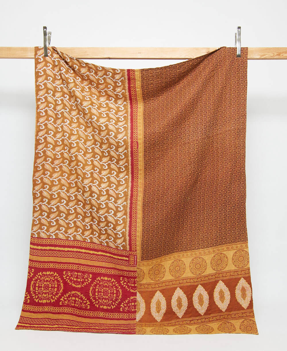 brown & tan twin kantha quilt in leaf pattern handmade in India