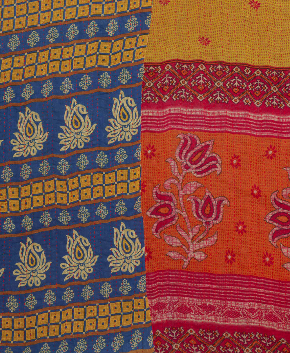 ethically made yellow, coral & blue checkered twin kantha quilt made from vintage cotton saris in India