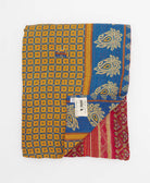 yellow, coral & blue checkered quilted throw in twin size handmade in India by Anchal artisans