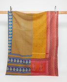 yellow, blue & coral twin kantha quilt in checkered pattern handmade in India