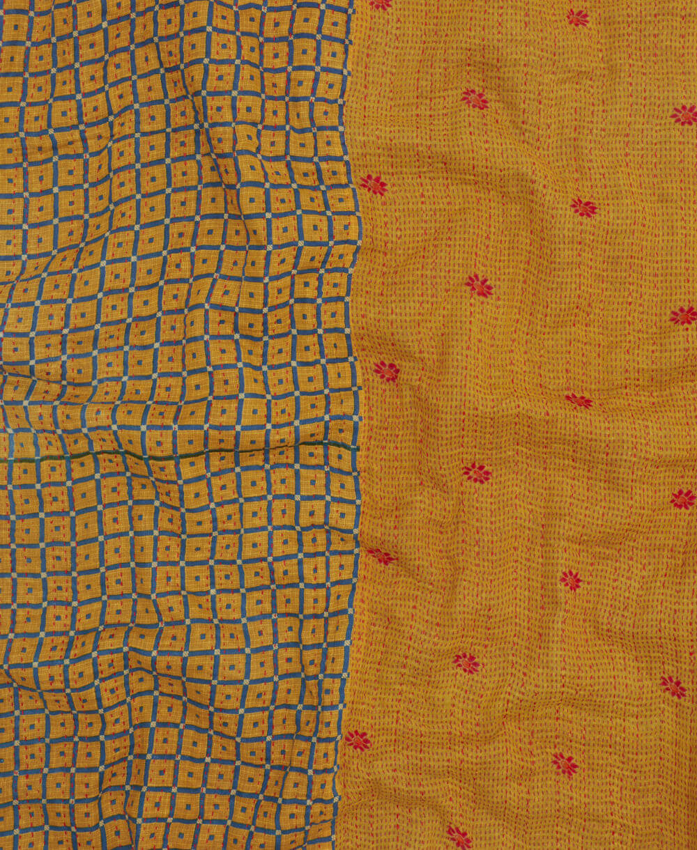 soft twin kantha blanket in yellow, coral & blue checkered pattern made from upcycled vintage cotton saris