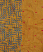 soft twin kantha blanket in yellow, coral & blue checkered pattern made from upcycled vintage cotton saris