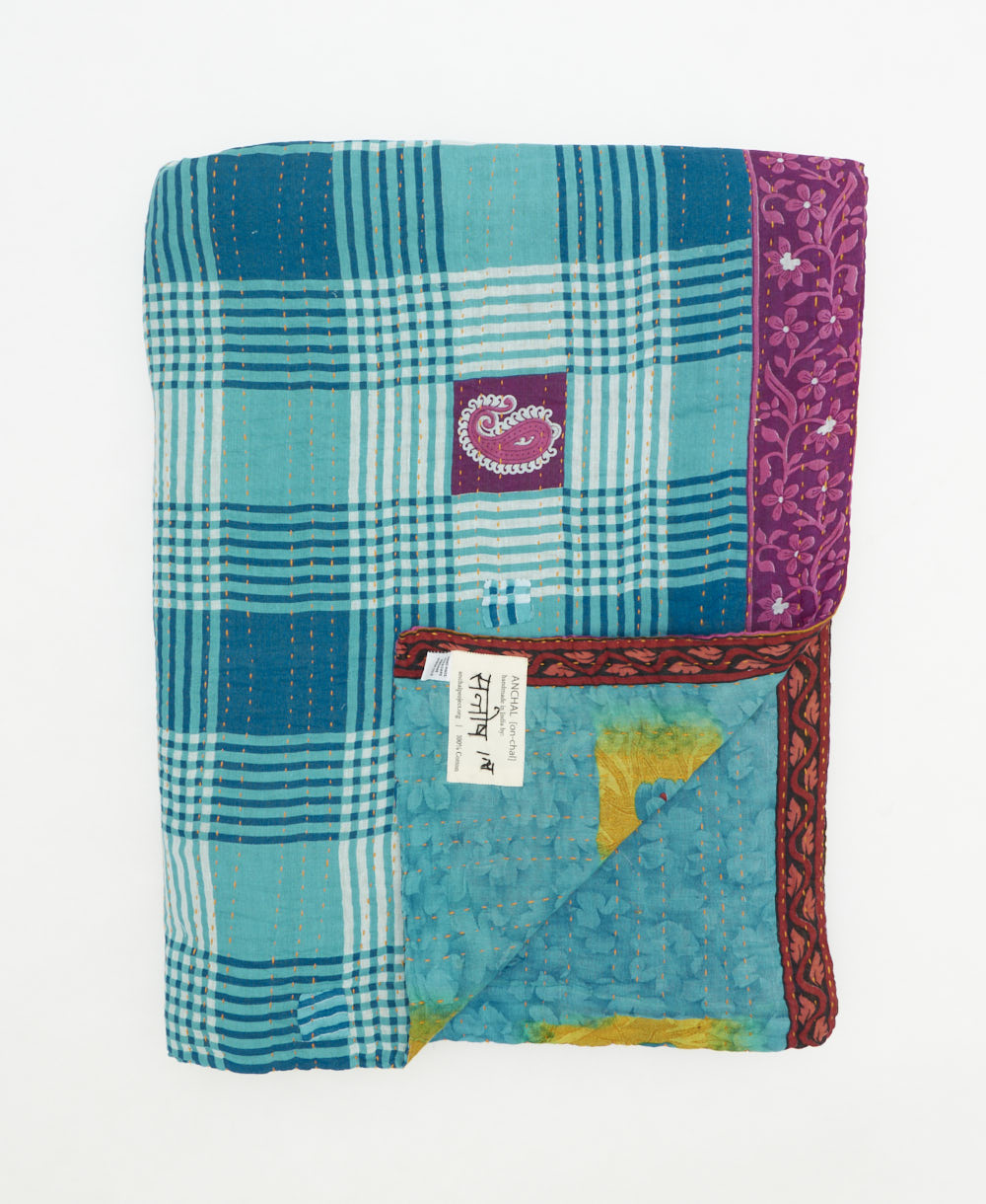 soft twin kantha blanket made from upcycled vintage cotton saris