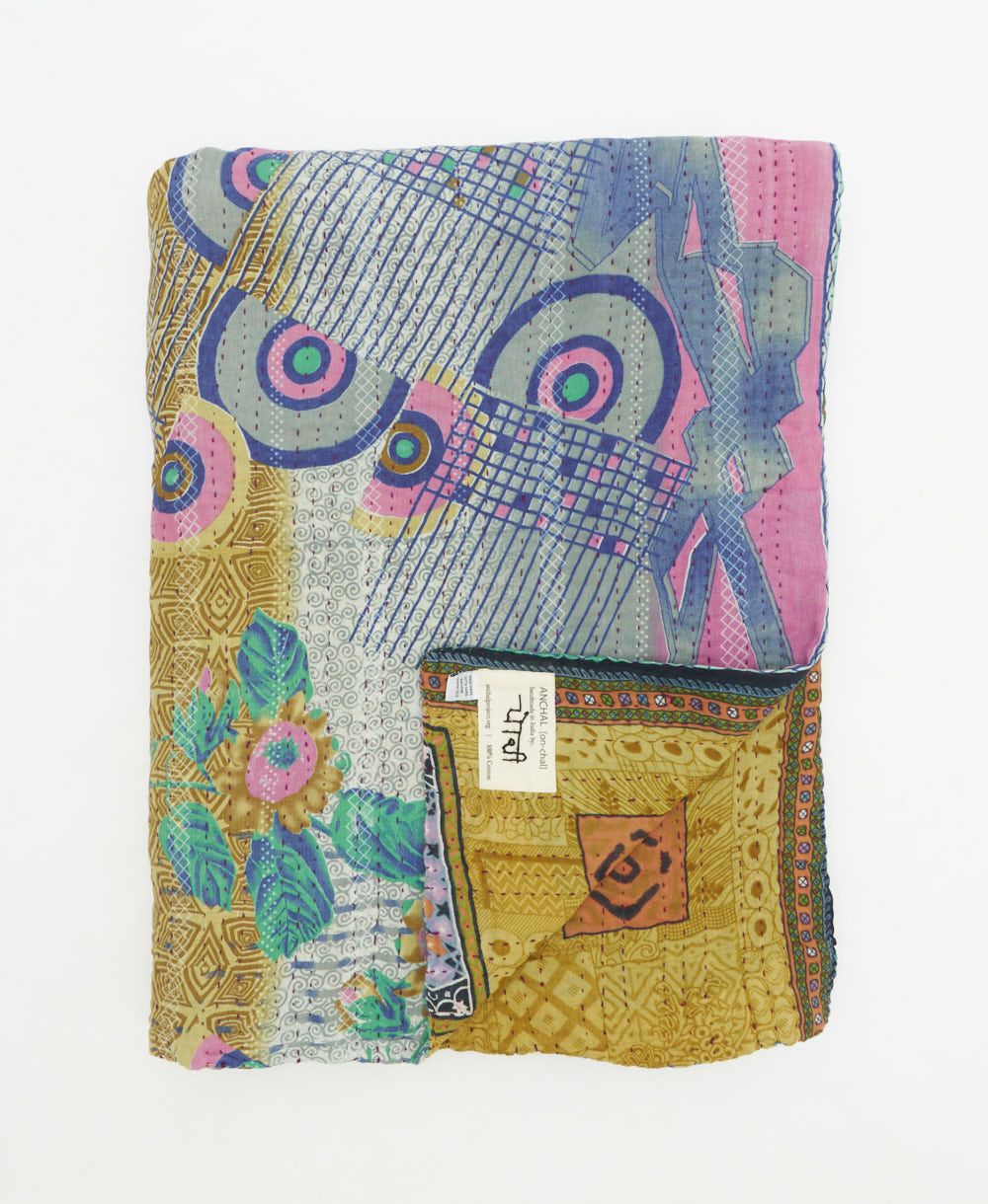soft twin kantha blanket made from upcycled vintage cotton saris