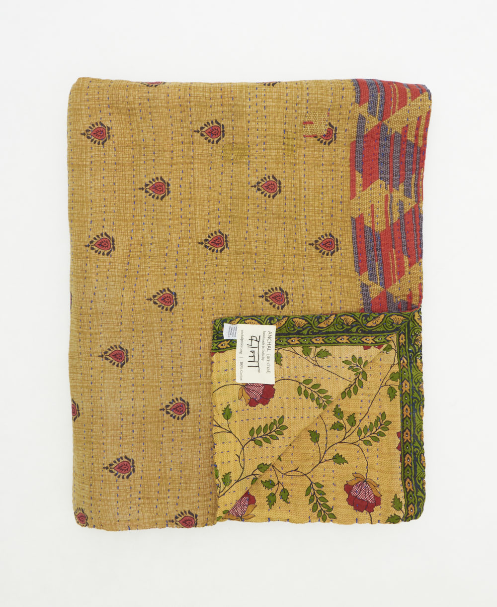 soft twin kantha blanket made from upcycled vintage cotton saris