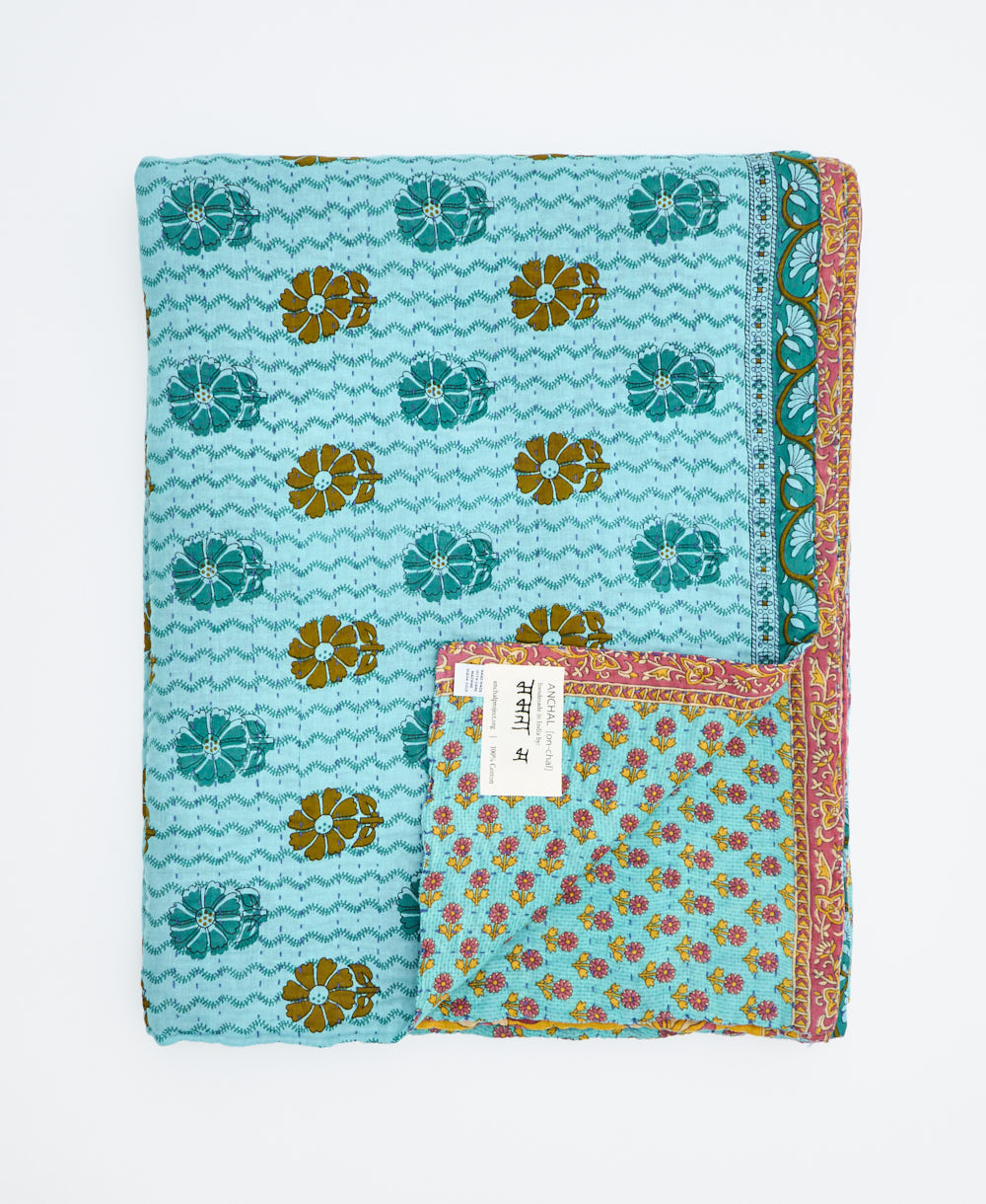 soft twin kantha blanket made from upcycled vintage cotton saris