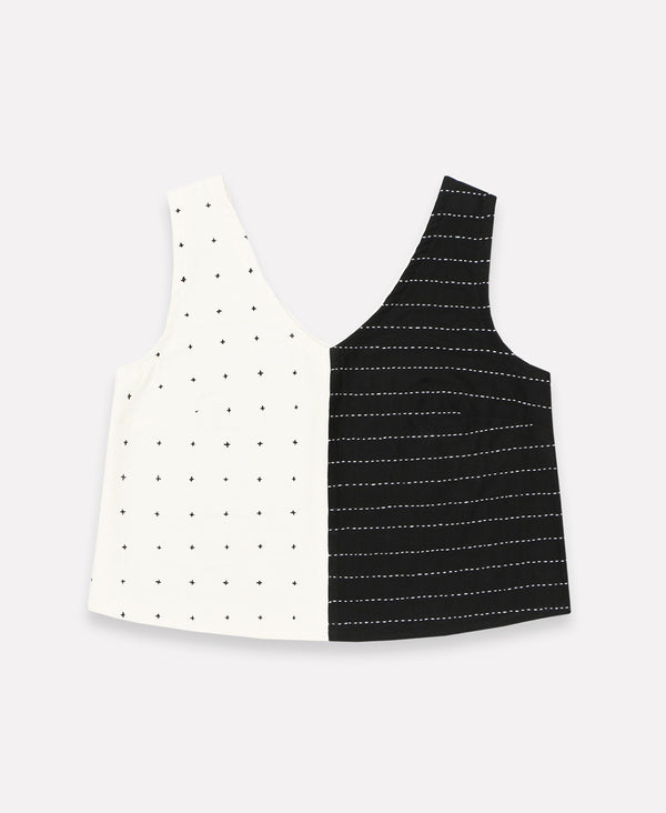 sustainably made two-tone cropped tank with double v-neckline and kantha stitching