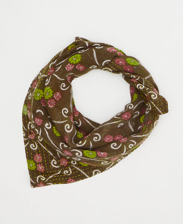 artisan-made vintage cotton bandana in a green and pink floral design
